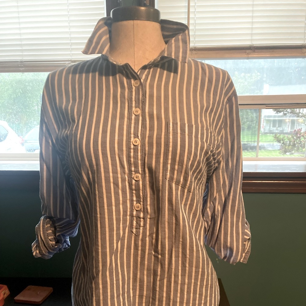 Half button down white/navy striped J Crew blouse